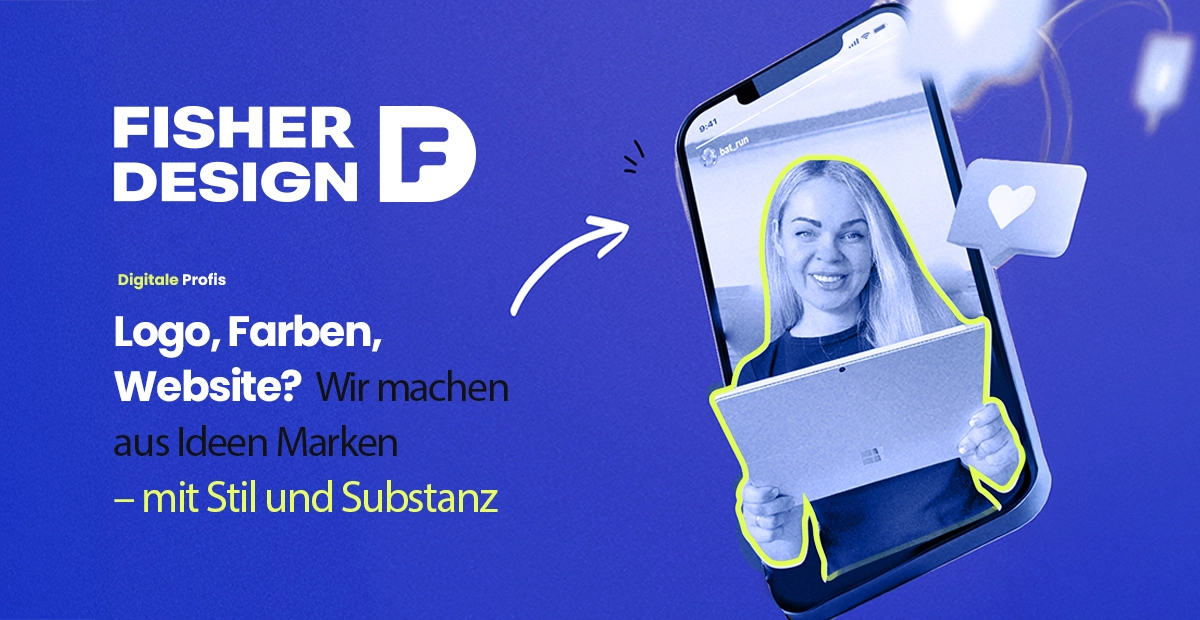 Frau mit Tablet auf Smartphone-Bildschirm – Fisher Design bietet Logos, Farben und Websites mit Stil und Substanz