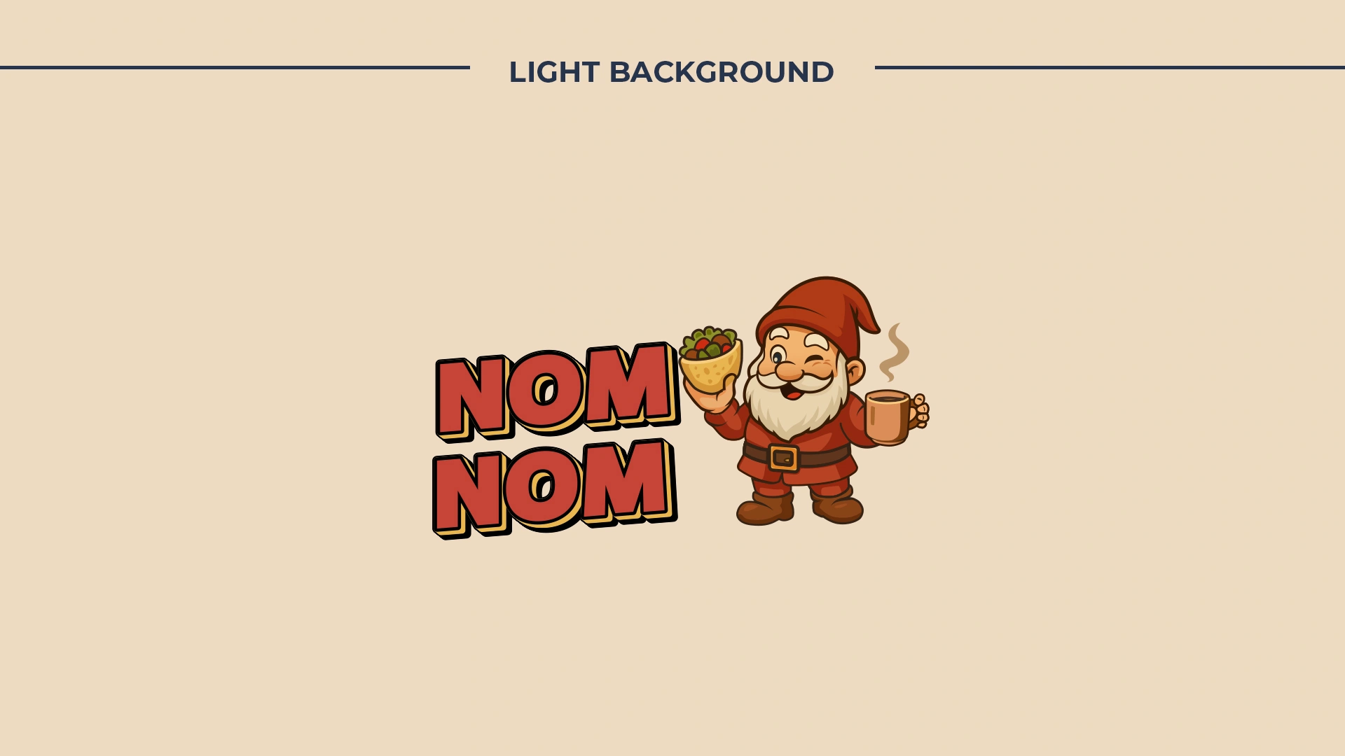 NOM NOM Logo mit Gnom-Maskottchen, Kaffeebohnen und Kaffeetasse auf hellem Hintergrund – Markendesign