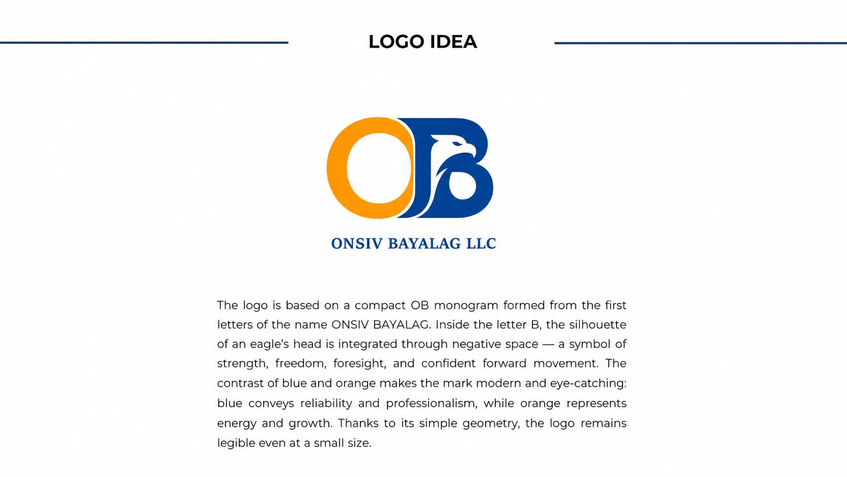 OKSIV BAVALAG LLC Logo-Idee mit Adler-Monogramm in Orange und Blau – Markendesign Konzept