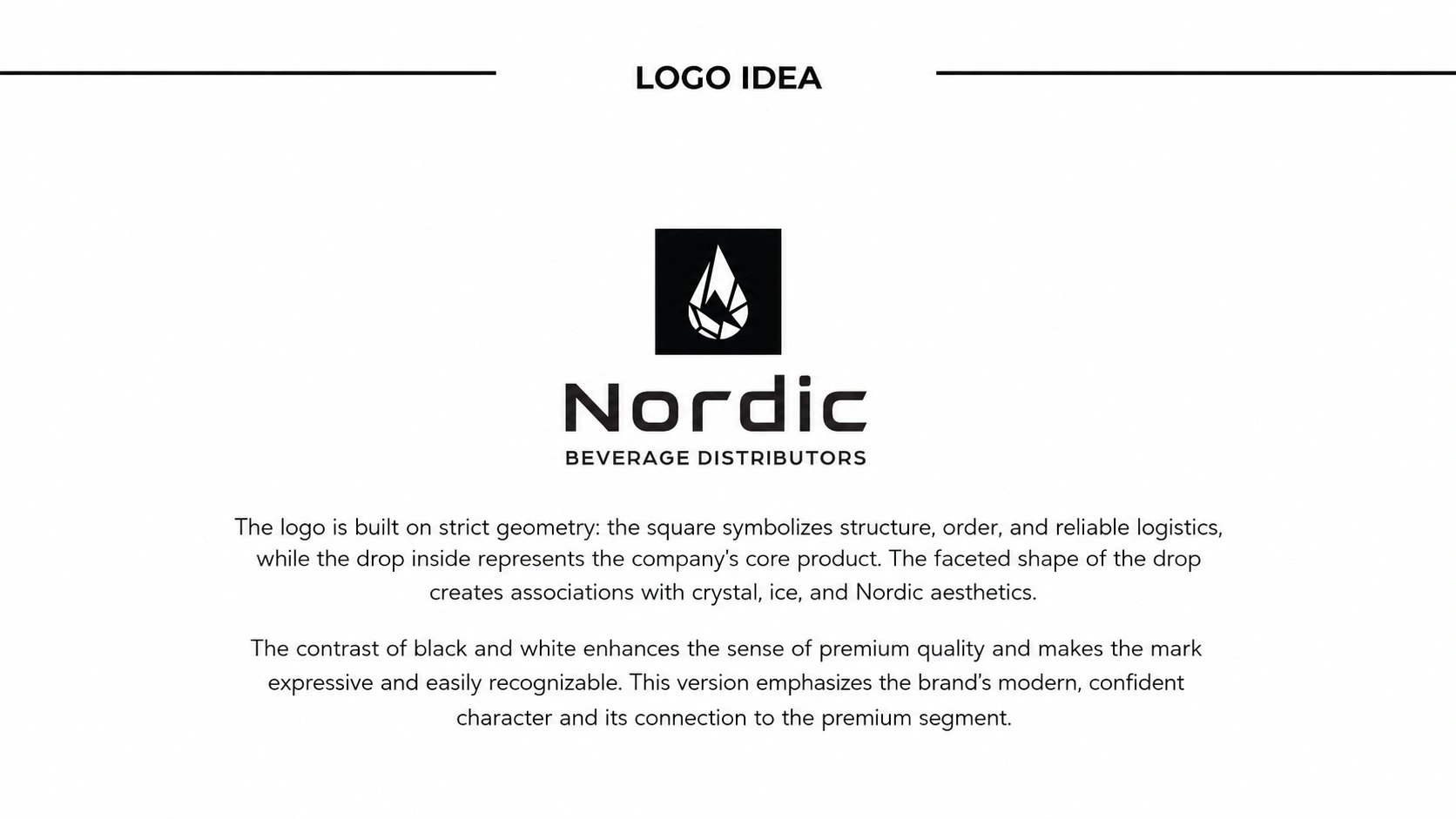 Nordic Beverage Distributors Logo-Idee mit Tropfen-Symbol und Wortmarke auf weißem Hintergrund – Markendesign