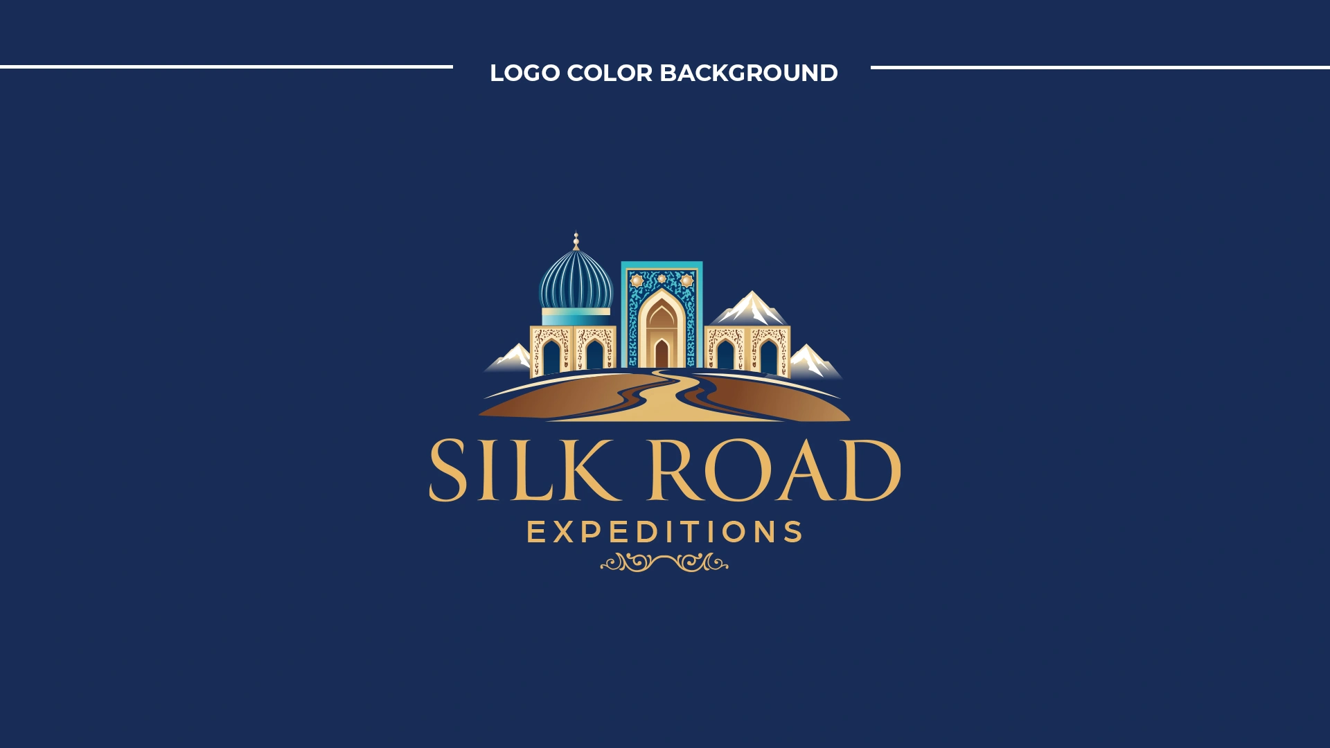 Silk Road Expeditions Logo in Gold auf dunkelblauem Hintergrund – Markendesign für Reise und Kultur