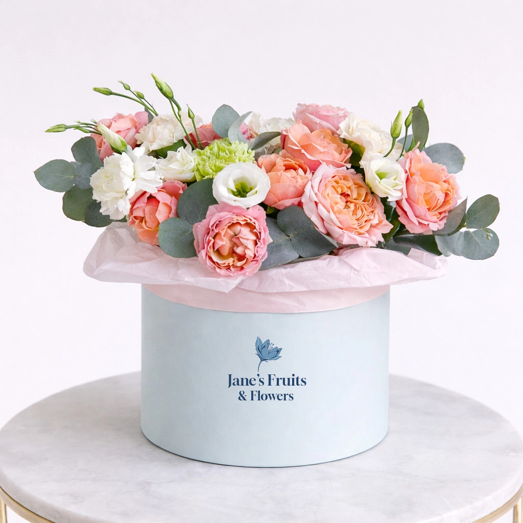 Blumenstrauß in hellblauer Jane's Fruits & Flowers Geschenkbox mit Logo – Floristik Branding