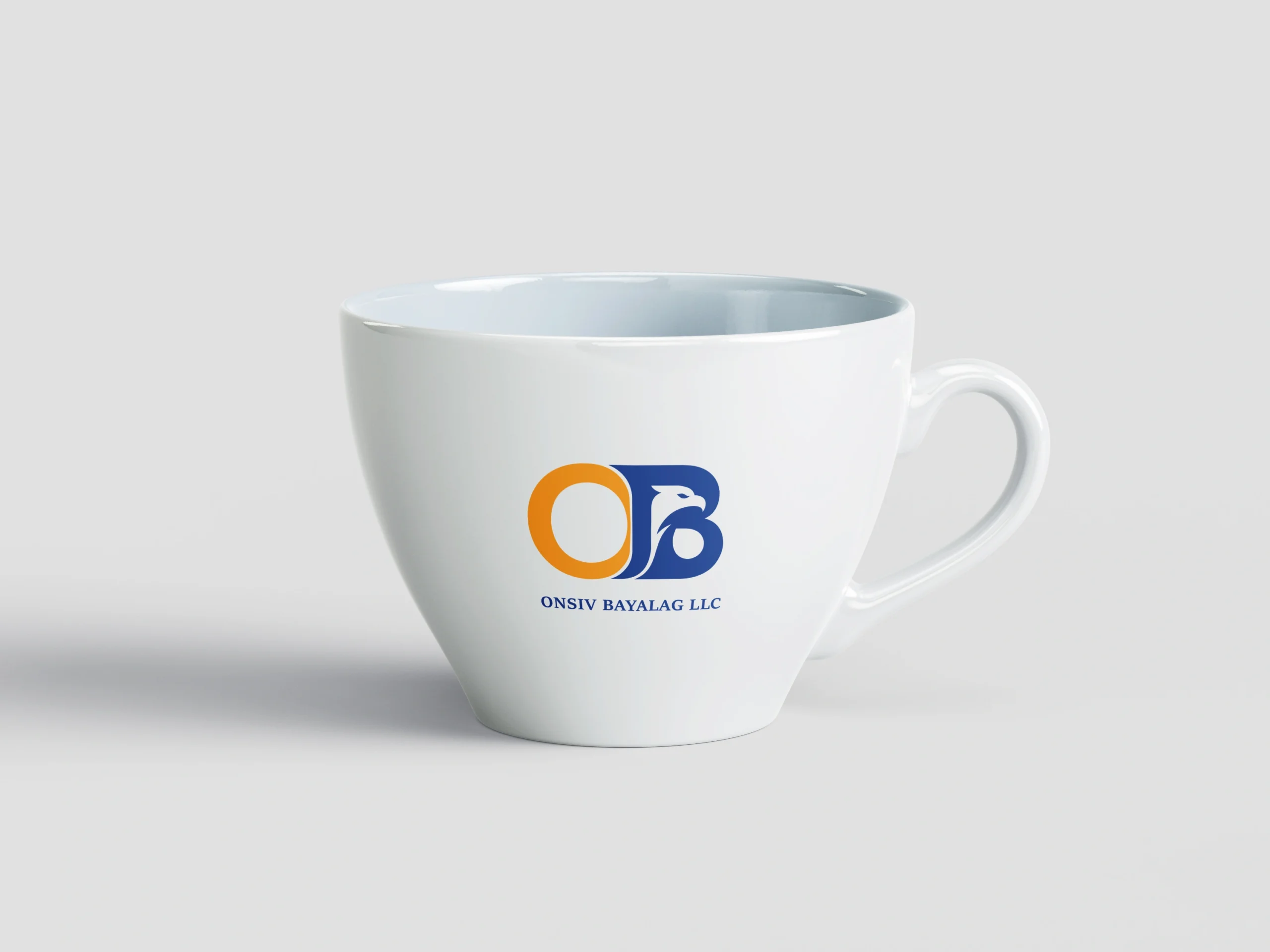 Weiße Kaffeetasse mit OKSIV BAVALAG LLC Logo – Merchandise Branding Mockup