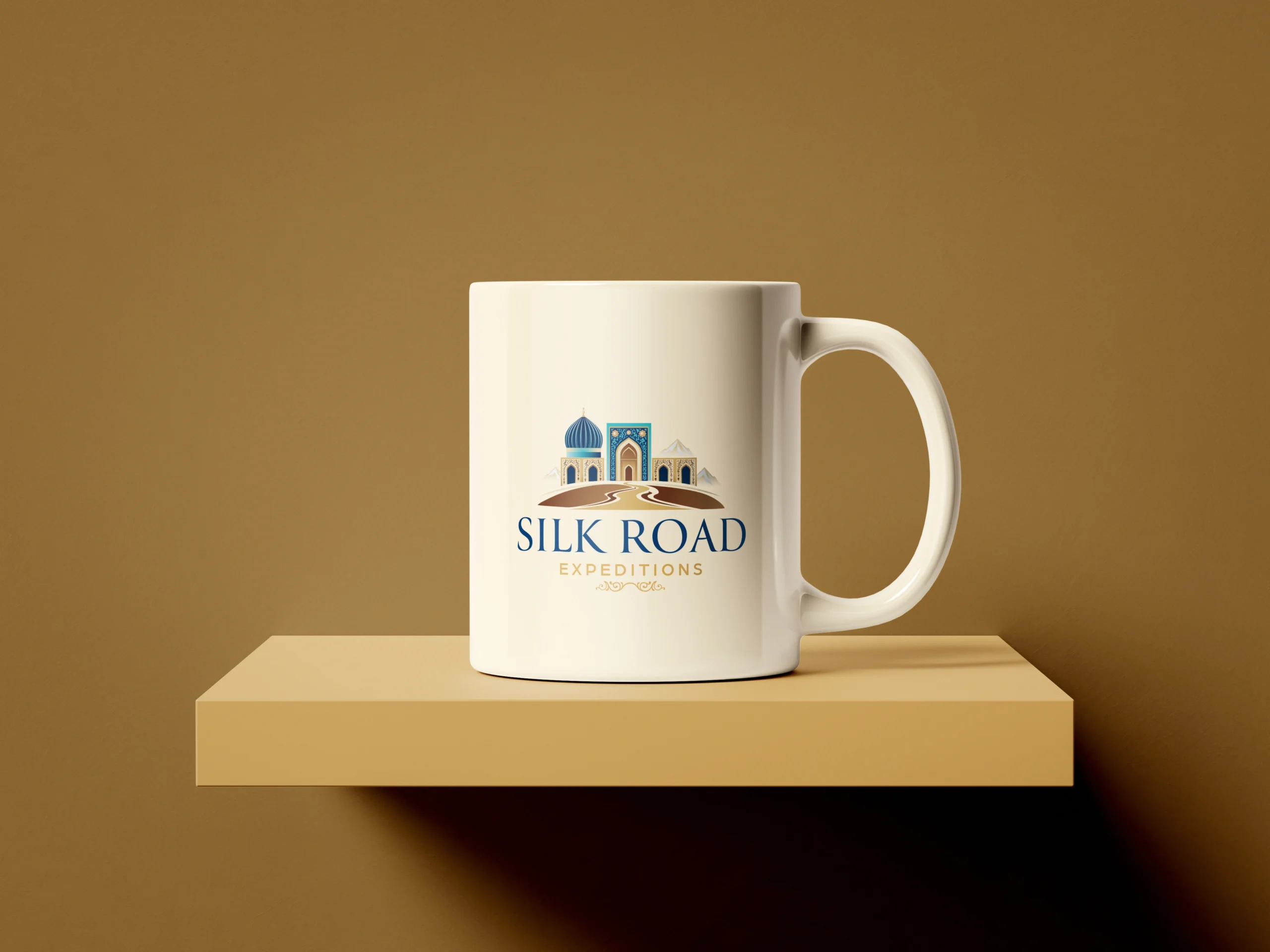 Weiße Kaffeetasse mit Silk Road Expeditions Logo – Merchandise Branding Mockup