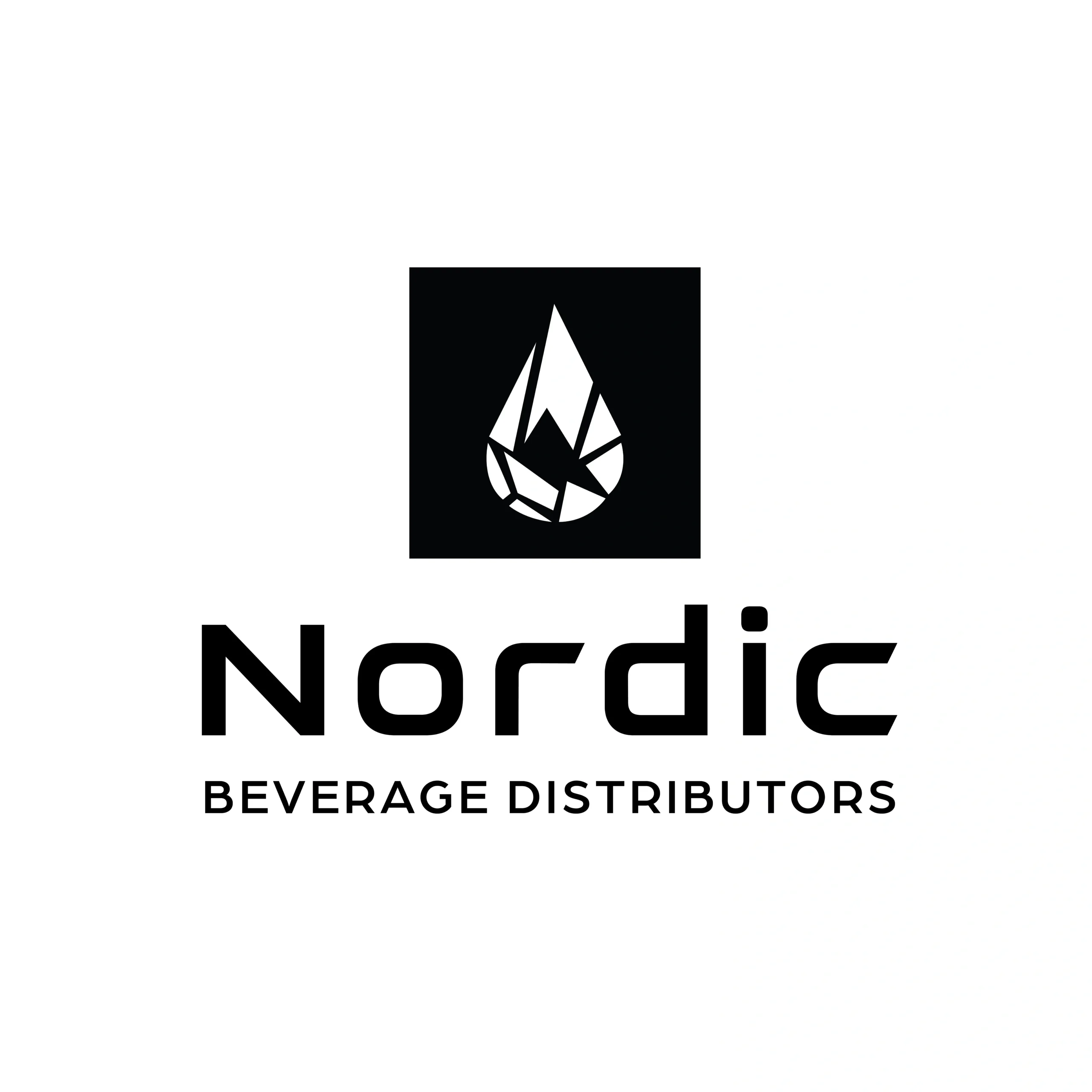 Nordic Beverage Distributors Logo mit Tropfen-Symbol und Wortmarke auf weißem Hintergrund – Markendesign