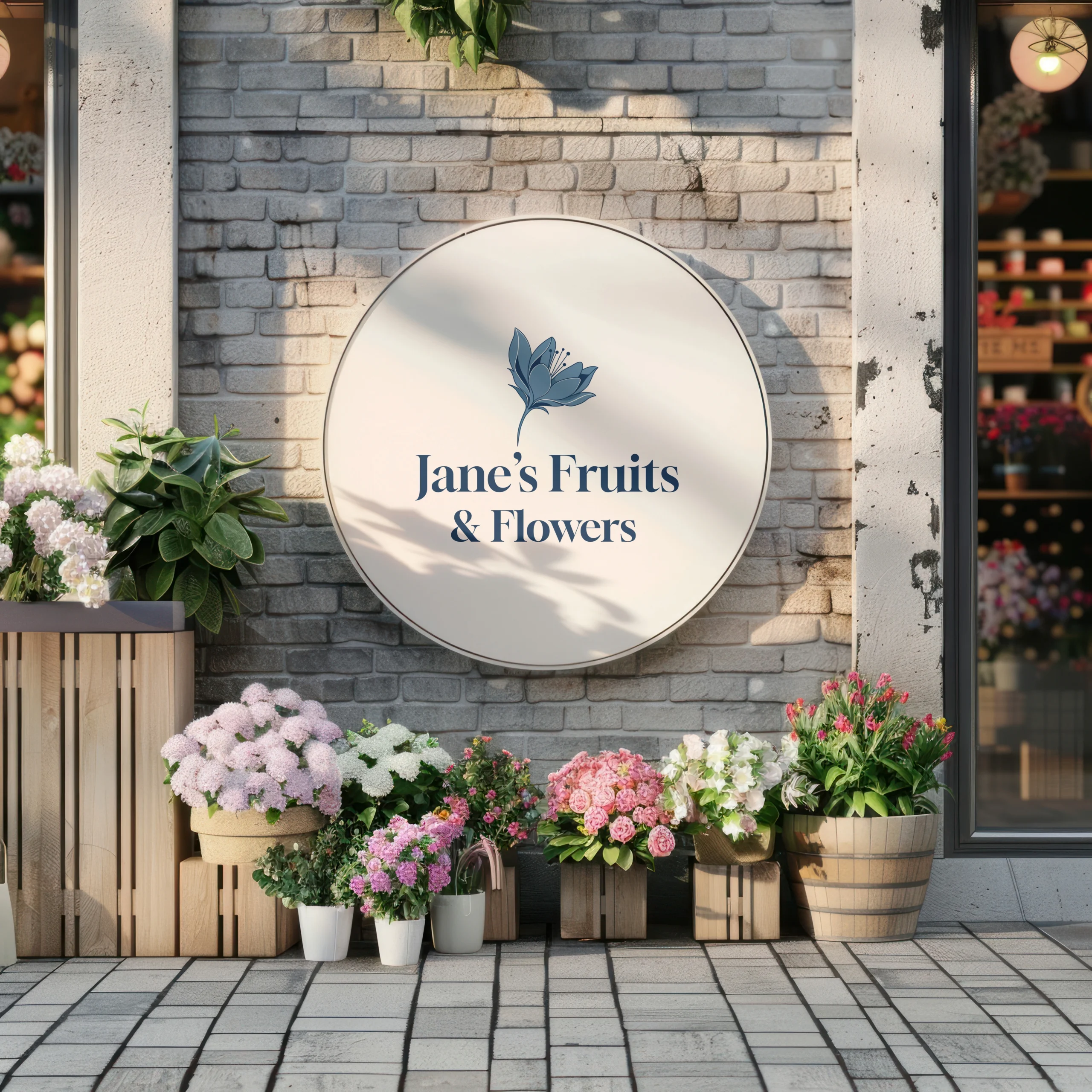 Rundes Jane's Fruits & Flowers Ladenschild-Mockup an Ziegelwand mit Blumen vor dem Geschäft
