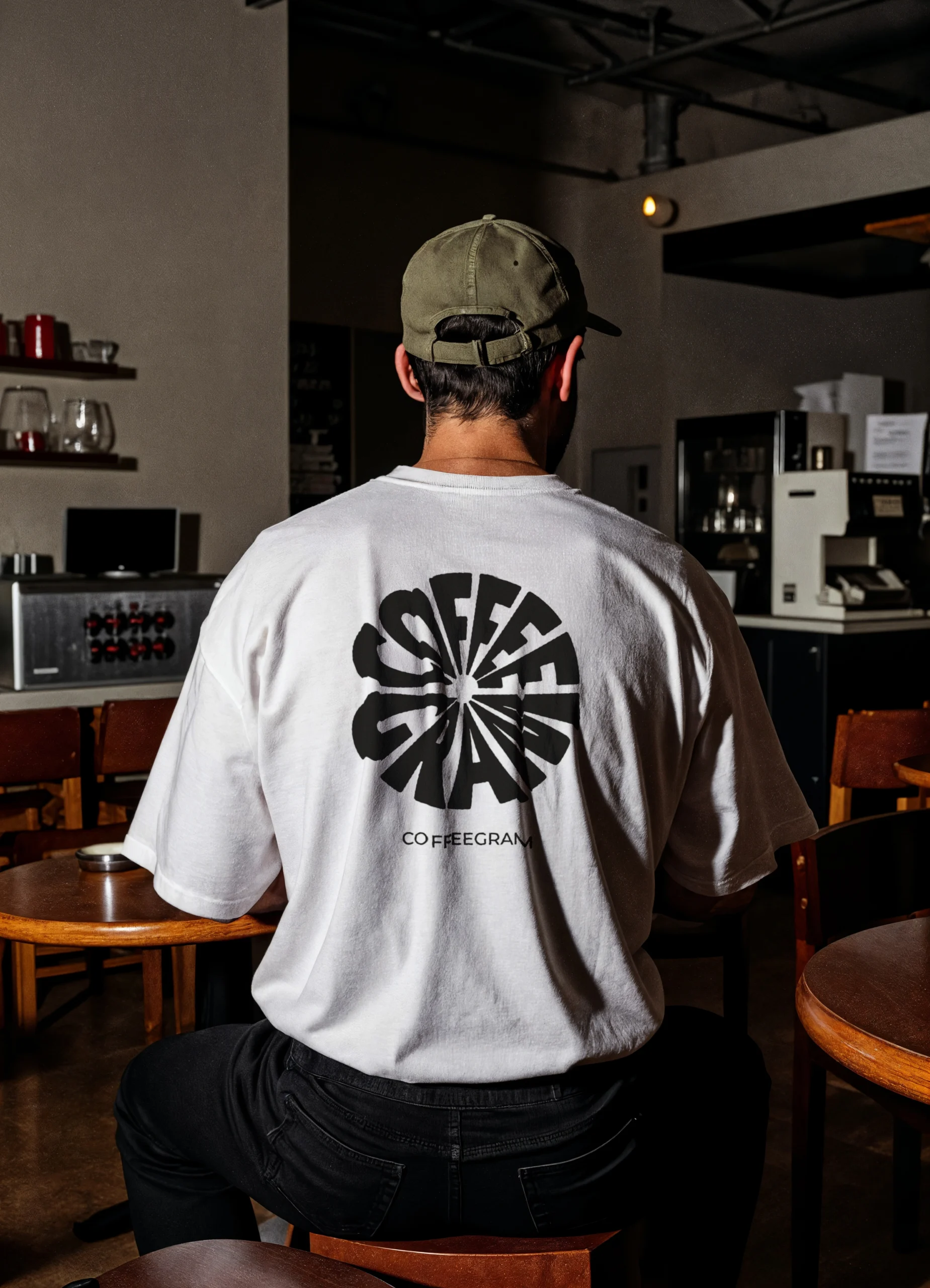 Mann trägt weißes Coffee Gram T-Shirt mit Logo in einer Kaffeerösterei – Merchandise Branding