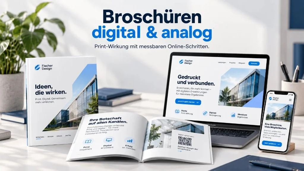 Broschüren digital und analog: Arbeitsplatz mit gedruckter Broschüre, QR-Code, Laptop und Smartphone – Print verbunden mit Website und Anfrage