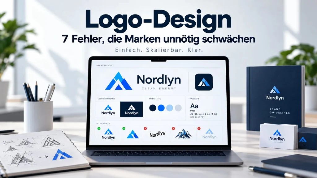 Logo-Design: 7 Fehler, die Marken unnötig schwächen – Workspace mit Brand Identity Guide, Do’s and Don’ts, Farbpalette und Typografie auf dem Laptop