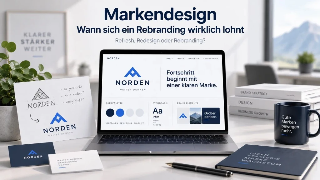 Markendesign und Rebranding: Workspace mit Brand-Guide auf dem Laptop, Skizzen zum Logo-Refresh sowie Hinweisen zu Strategie, Design und Wachstum