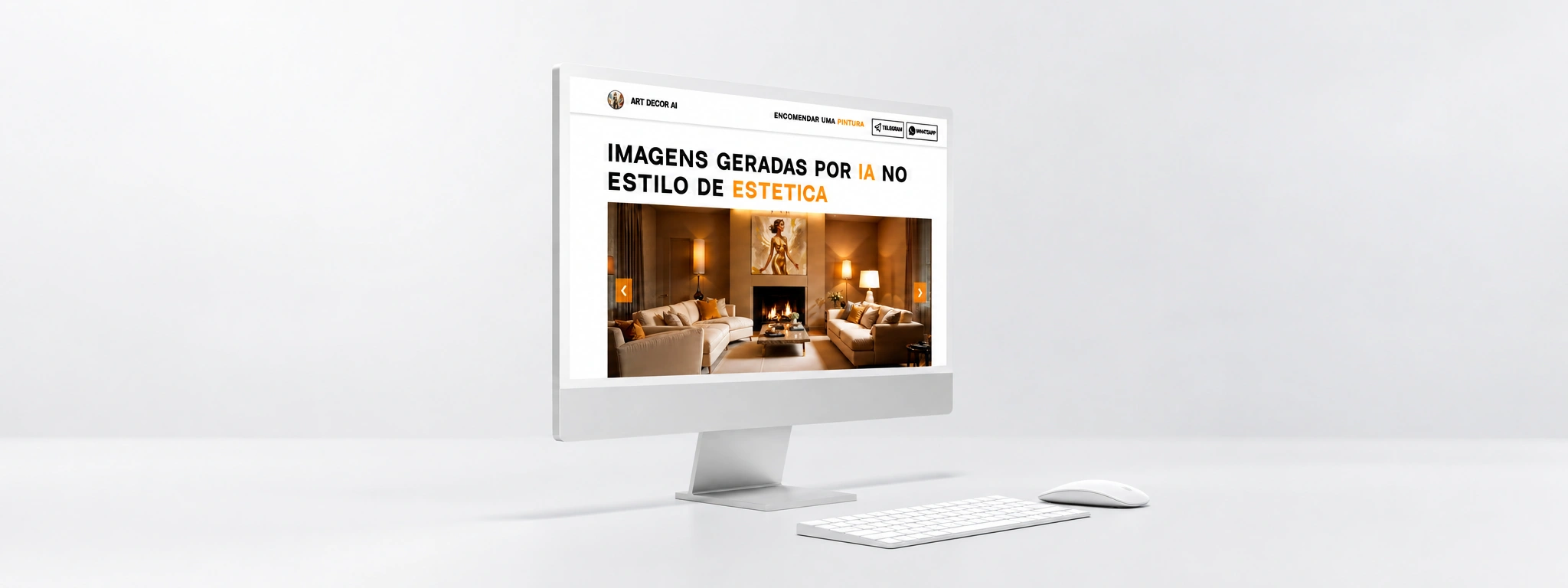 Modernes Webdesign für Art Decor AI mit KI-generierter Kunst auf Desktop-Monitor