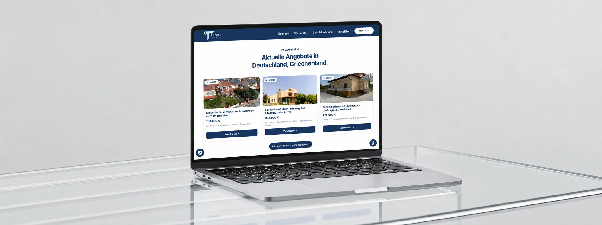 Immobilienportal von D&I Real Estate mit aktuellen Angeboten in Deutschland und Griechenland auf einem Laptop