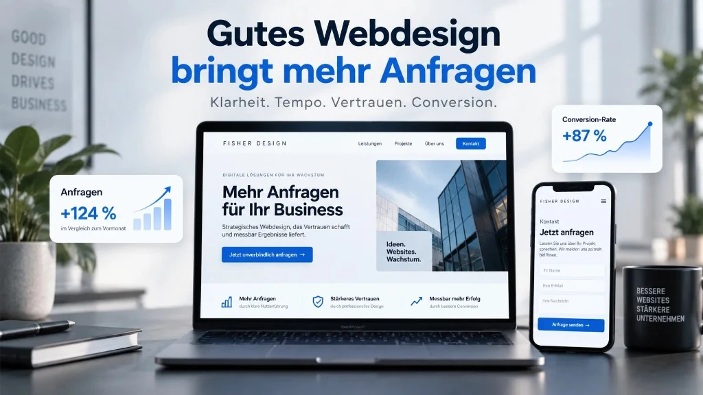 Gutes Webdesign bringt mehr Anfragen: Laptop und Smartphone mit Fisher Design Website, Klarheit Tempo Vertrauen Conversion sowie Anfragen- und Conversion-Charts