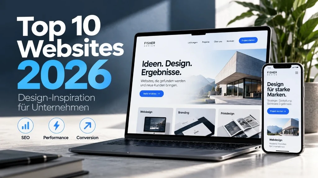 Top 10 Websites 2026: ноутбук и смартфон с сайтом Fisher Design – дизайн-вдохновение для бизнеса по SEO, скорости и заявкам
