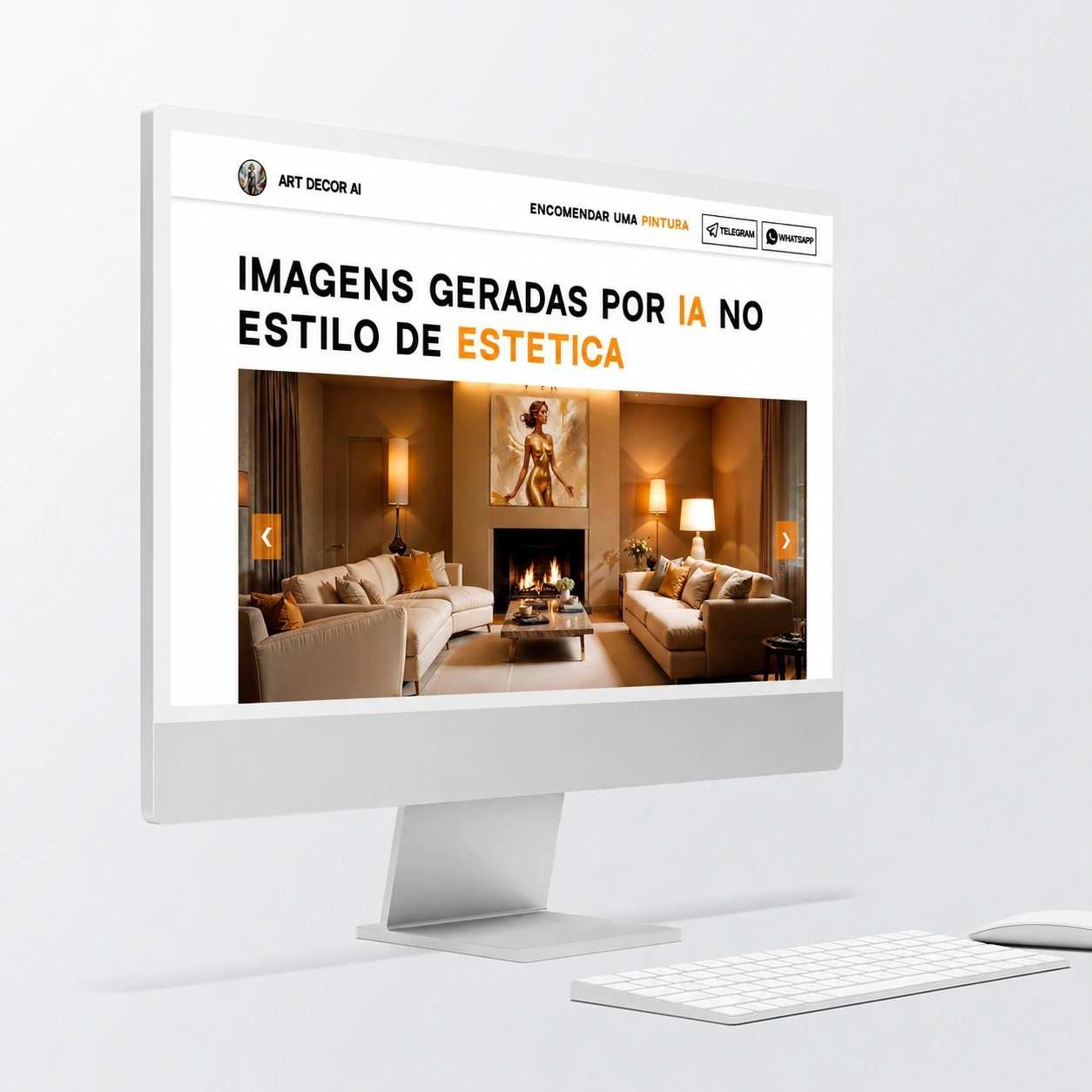 Modernes Webdesign für Art Decor AI mit KI-generierter Kunst auf Desktop-Monitor